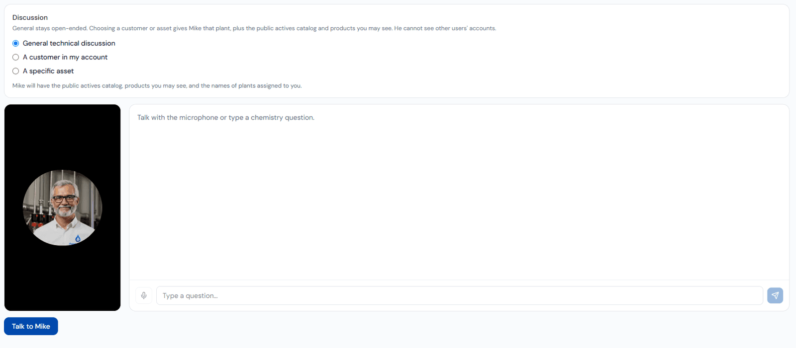 Mike, the AI technical consultant, answering a water-chemistry question from the asset record. Demo tenant.