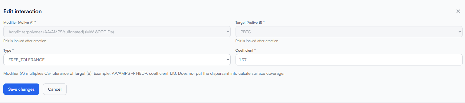 AquaAdvisor active-interaction table with synergy, neutral, and antagonism coefficients. Demo tenant, not a customer site.