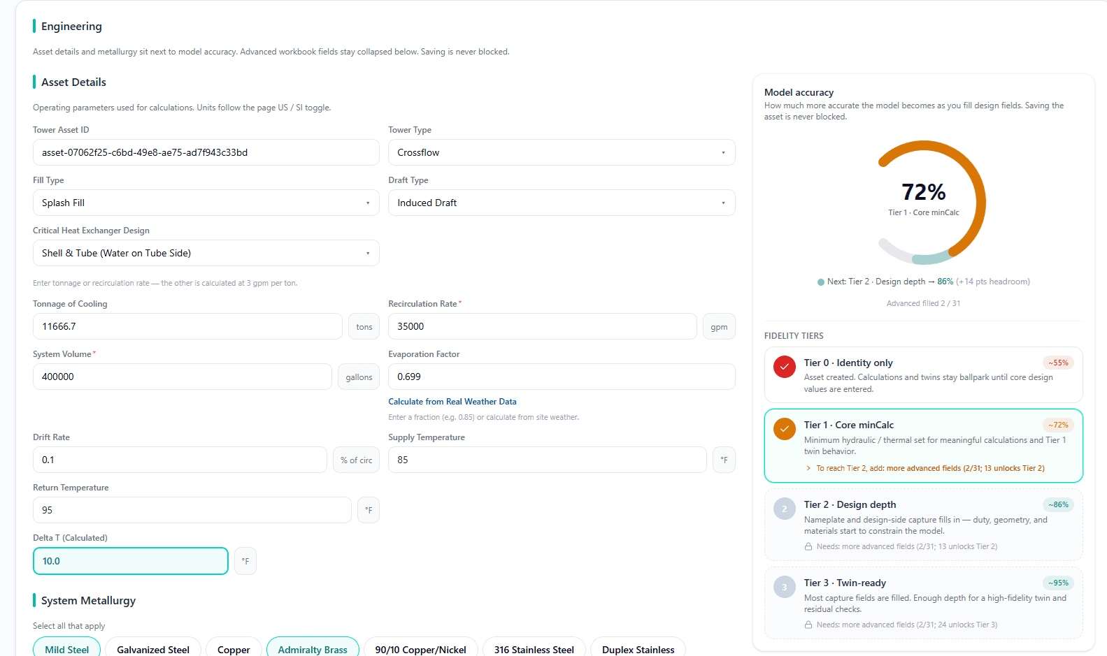 AquaAdvisor asset entry form with a model-accuracy gauge showing data-completeness tiers. Demo tenant, not a customer site.
