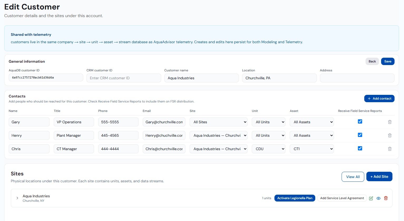 AquaAdvisor customer record editor showing company, site, unit, and asset hierarchy with contacts and report distribution.