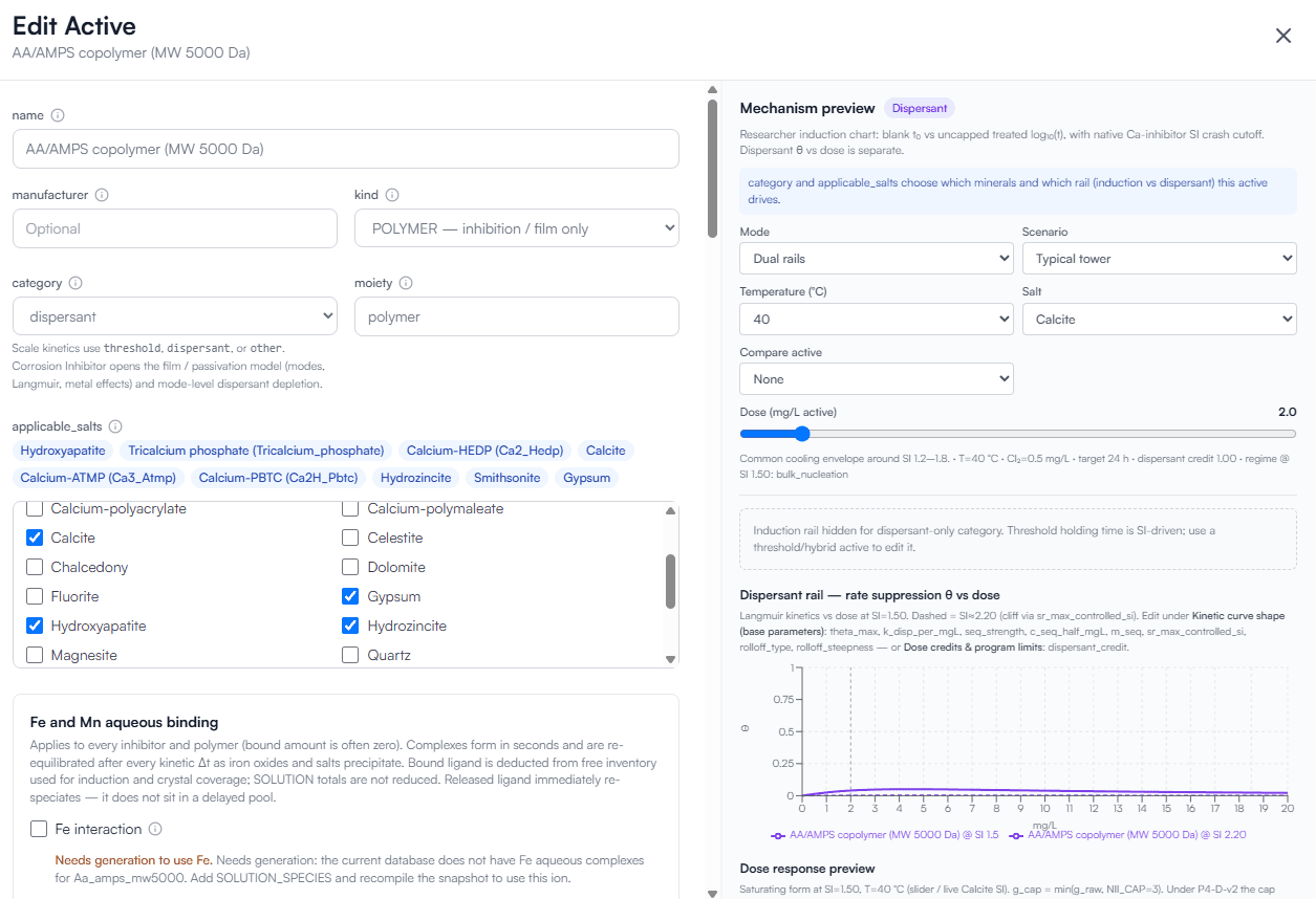 AquaAdvisor edit-actives screen with kind, category, and applicable salts. Demo tenant, not a customer site.