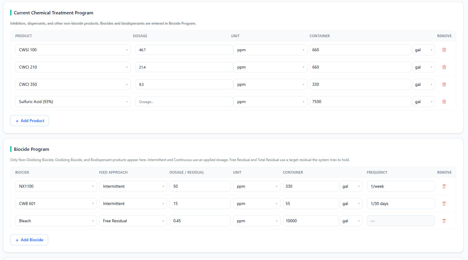 AquaAdvisor treatment and biocide program editor with products, dosage, and container size.